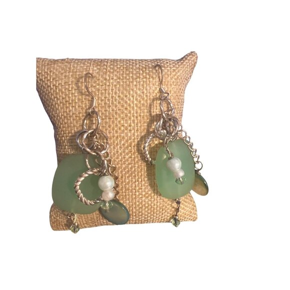 Vintage Green Sea Glass Faux Pearl Dangle Earrings Silver Tone Hook Estate 3" - Picture 1 of 4